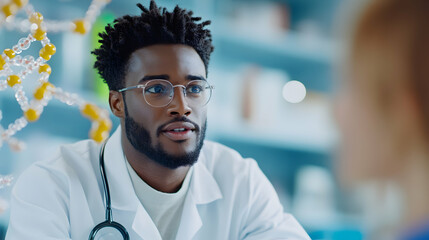 A healthcare provider discusses medical concerns with a patient in a bright, welcoming clinic