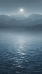 Calm blue sea surface with gentle ripples, surrounded by grey mist and dim lighting.