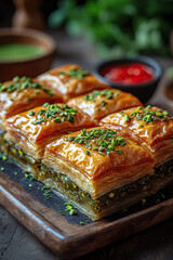 Delicious baklava with pistachio served on a plate.