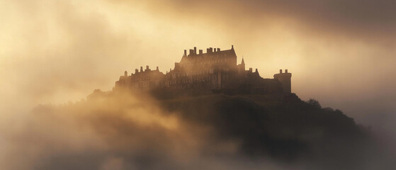 Obraz premium Geheimnisvolle Burg über den Nebeln eines düsteren Hügels