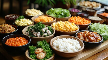 Fototapeta premium A vibrant buffet of various fresh ingredients, including cooked meats, rice, vegetables, and sauces, arranged in wooden bowls on a wooden table, ready for self-service.