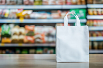 A white empty blank bag with free copy space with a supermarket in the background