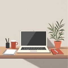 Fototapeta premium Laptop is on a desk with a potted plant and a mug