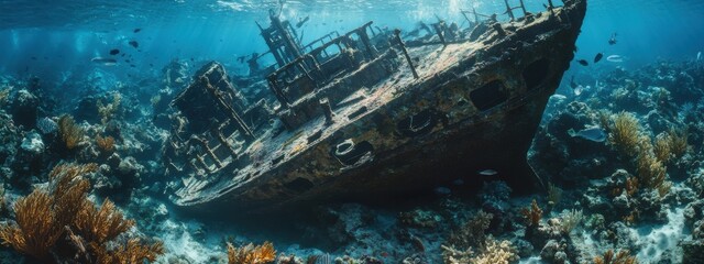 A haunting image of a sunken shipwreck surrounded by vibrant coral reefs in the depths of the Caribbean Sea, Caribbean shipwreck scene, Atmospheric style