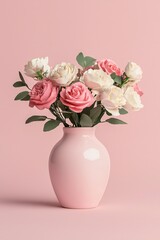 Fototapeta premium Valentine's Day Elegant Pink and White Roses Bouquet in a Pastel Pink Vase Romantic Floral Arrangement