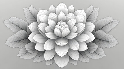 Monochrome dahlia flower with leaves, detailed botanical illustration.
