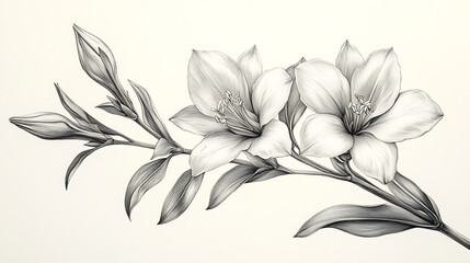 Monochrome botanical illustration of delicate flowers and buds on a slender branch.