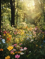 Obraz premium Sunlit forest filled with colorful spring flowers and wildflowers, captured in beautiful nature photography