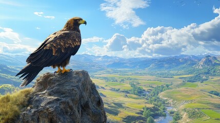 Fototapeta premium Majestic Eagle Perched Atop Mountain Overlooking Valley