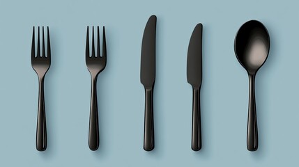 Black matte cutlery set two forks, two knives, and a spoon, arranged on a light-blue background.