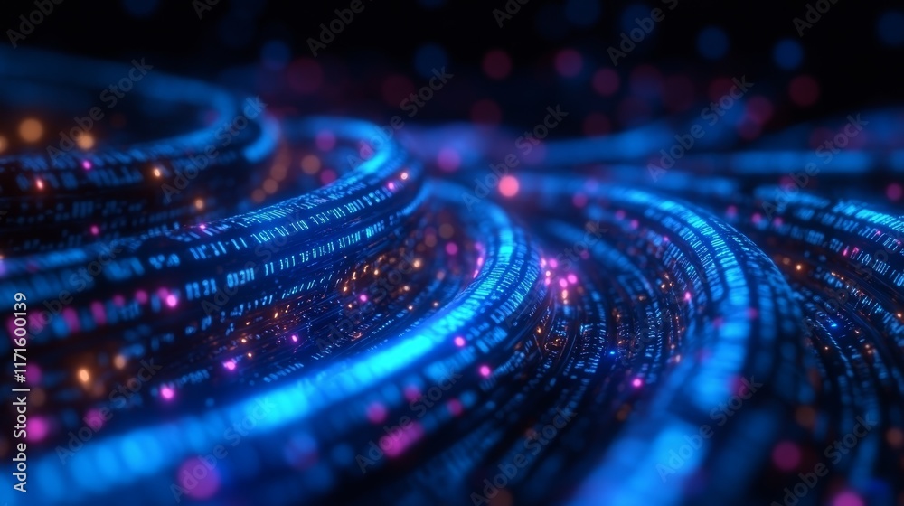Poster Futuristic digital communication with glowing data cables and binary code in an abstract dark setting