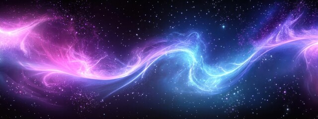 Fototapeta premium Cosmic energy waves, vibrant pink and blue aurora, deep space background, starry night sky, ethereal nebula, swirling light patterns, celestial phenomenon, galactic colors, interstellar clouds, lumino