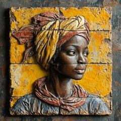 Naklejka premium Handcrafted ceramic sculpture of woman with vibrant colors and detailed texture
