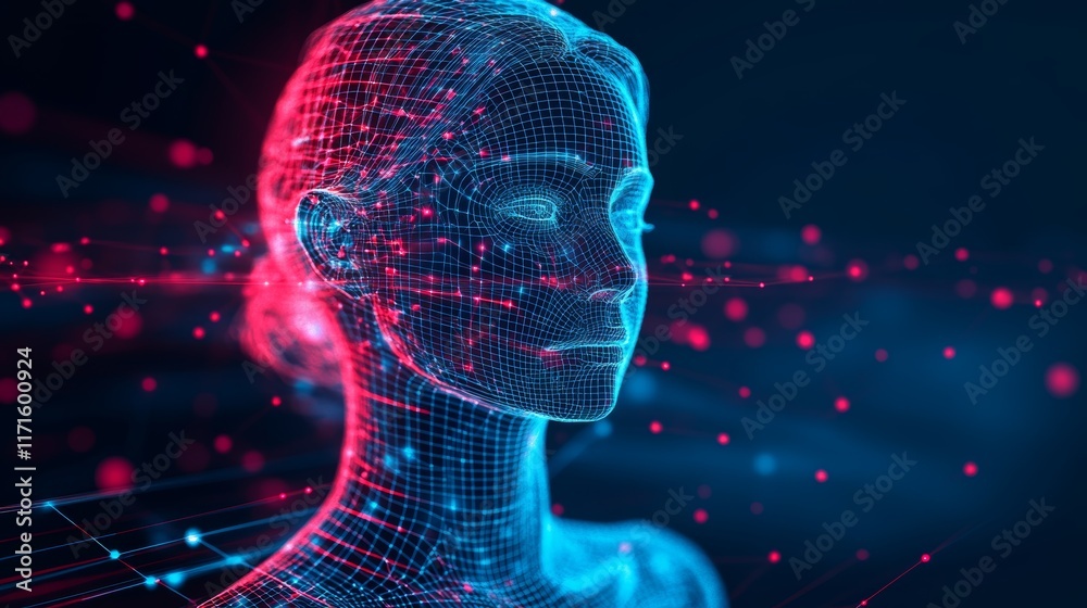 Poster futuristic 3d startup icon with monochromatic wireframe design and ai neural network background in a