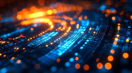 Obraz premium Futuristic digital backdrop with glowing blue and orange lights and circular shapes in high resolution