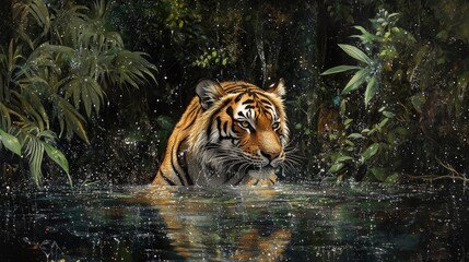 Majestic Tiger Emerges From Lush Tropical Waters