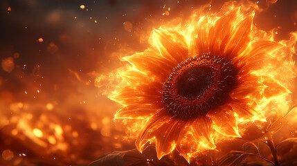 Fiery sunflower engulfed in flames, sparks, and bokeh.