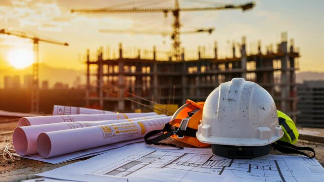 Construction Site Sunset:  Hard hats, blueprints, and construction cranes at sunset. A powerful image representing the construction industry, growth, and progress.