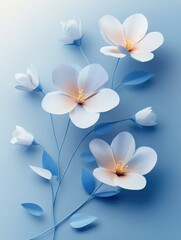 Paper spring flowers on pastel blue background . Abstract natural floral layout