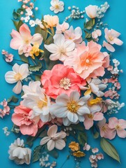 A colorful arrangement of pink and white flowers on a blue background for spring celebration