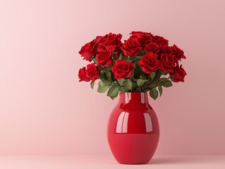 Fototapeta premium Valentine's Day Romantic Red Roses Bouquet in Elegant Red Vase Valentine s Day Flowers Pink Background