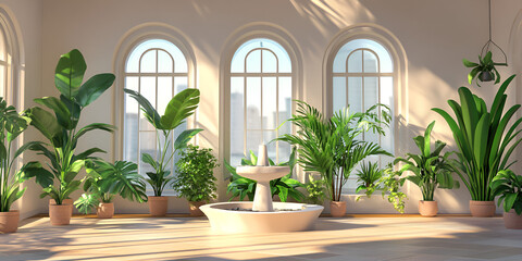 Indoor Garden Room with Green Plants and Water Fountain

