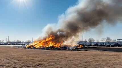 Dramatic Fire and Smoke Over Parking Lot at Midday