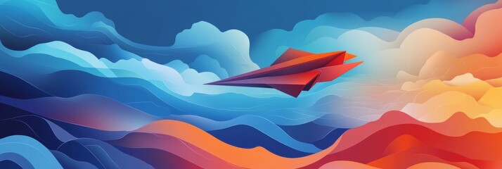 Obraz premium Paper Plane Soaring Through Abstract Landscape: A Digital Art Journey