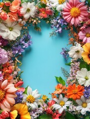 Obraz premium A frame made of a variety of spring flowers. Spring sale.