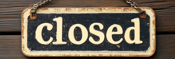 Vintage Rustic Closed Sign: Black and Cream Metal Signboard on Wood