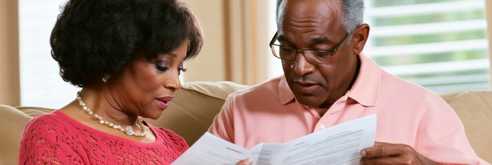 Senior African American Couple Reviewing Financial Documents Together at Home