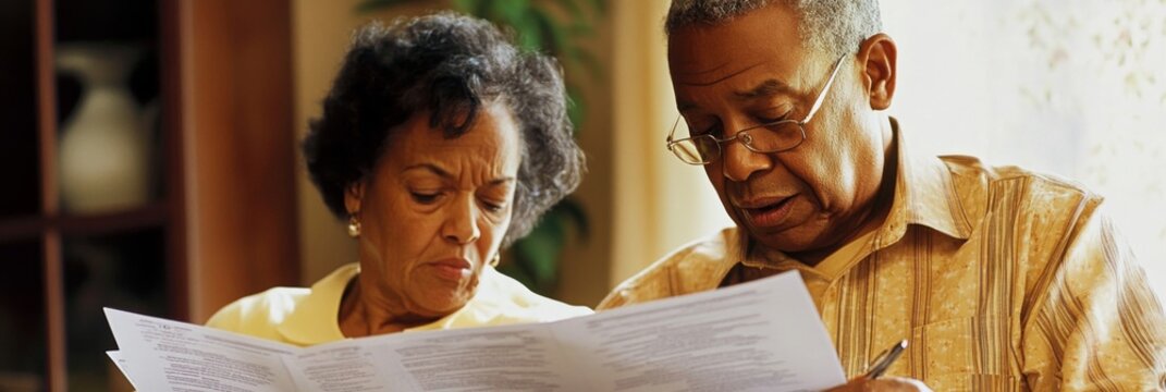 Senior African American Couple Reviewing Financial Documents at Home - Powered by Adobe