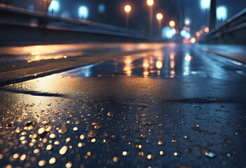 Close-up of a wet road surface with raindrops and blurred city lights in the background, creating a moody and atmospheric scene.