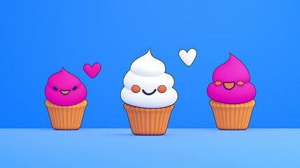 Animated cupcakes twirling with colorful frosting and happy faces, celebrating on a pastel table