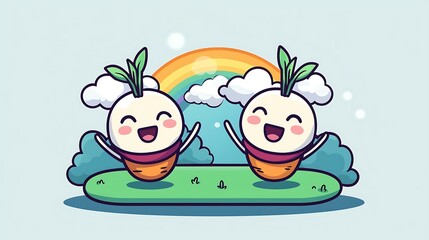 Obraz premium Cartoon carrots with cute smiles, dancing in a sunny garden with a rainbow in the background