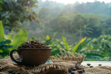 Freshly Brewed Espresso in a Coffee Cup with Creamy Swirl, Surrounded by Roasted Coffee Beans for a Rich Coffee Experience