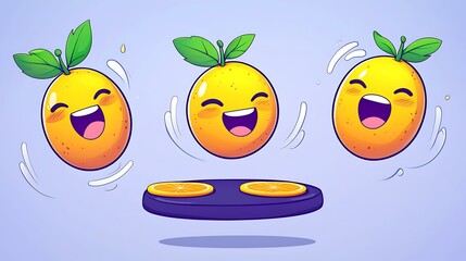 Cartoon oranges with cheerful faces, bouncing on a trampoline made of fruit slices