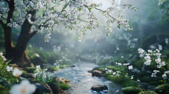 Beautiful spring nature scene with white blooming. spring flowers background. seamless looping overlay 4k virtual video animation background.