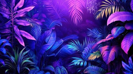 Naklejka premium Magical jungle at night, glowing neon butterflies, bioluminescent plants, deep blue and purple hues, tropical leaves, fantasy forest, ethereal atmosphere, mystical nature scene, vibrant colors, digita