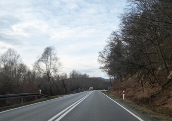 Fototapeta premium A scenic road winding through trees under a cloudy sky