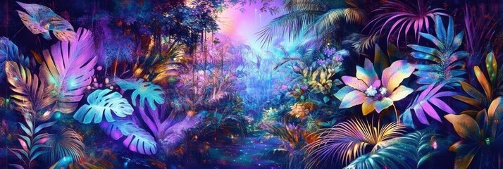 Magical tropical jungle at night, bioluminescent plants, glowing blue butterflies, vibrant purple and pink leaves, neon colors, fantasy forest, ethereal atmosphere, dramatic lighting, detailed foliage