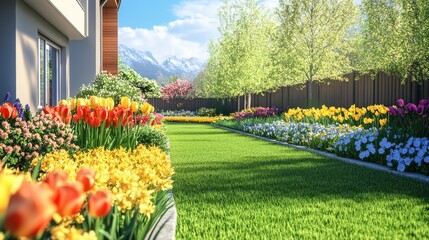 Obraz premium Beautiful well-kept spring garden. The green lawn emphasizes the full bloom of flowers in the mixborder. Diverse floral spectrum of tulips, daffodils, hyacinths.