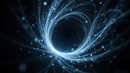 A vibrant circular graphic with blue and white neon-like effects that suggest an AI or futuristic theme.