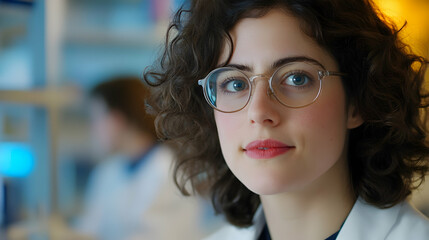 Young scientist in glasses confidently gazes at the camera in a lively lab