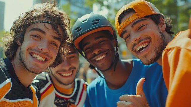 Close-up of four friends in sporty outfits, one in a hockey jersey smiling confidently, another in a basketball uniform mid-laugh