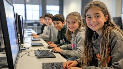 Five children sitting at a row of computers in a school computer lab, engaged and smiling