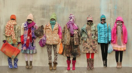 Naklejka premium Diverse group of women in colorful outfits standing together against a simple background in a busy urban setting
