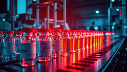 Vials of pharmaceutical products illuminated in a laboratory during late night operations