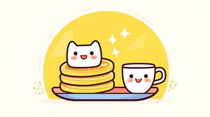 Kawaii pancakes with syrup smiles and cute butter pats, sitting on a colorful breakfast plate