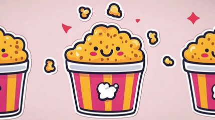 Kawaii popcorn kernels bouncing out of a happy popcorn bucket with a fun movie theater backdrop